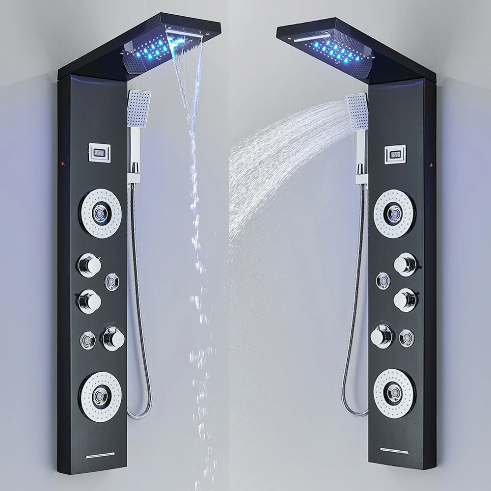 Douche - Regendouche - Douchewand - Douchekolom - Douchepanelen - LED Douchezuil - Waterval & Regendouche - Massagejets - Temperatuurdisplay - Zwart - QUORE