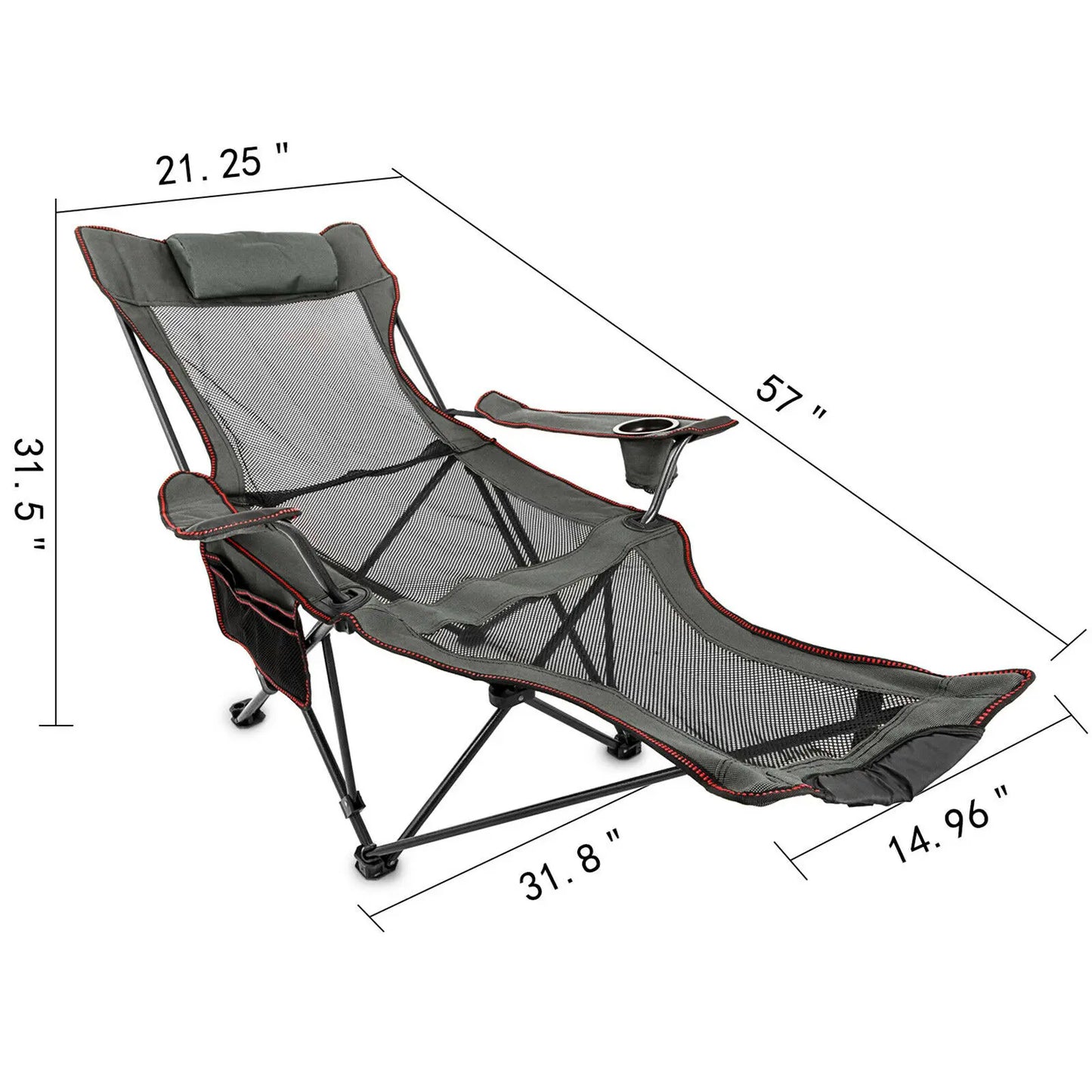 Opvouwbare Campingstoel - Kampeerstoel - Strandstoel - Ademende Mesh Stof - Verstelbare Rugleuning en Voetensteun - 600D Oxford Stof - Lichtgewicht en Draagbaar - Grijs