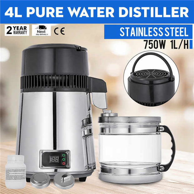 Water Distiller - 4L - 1L/H - 220V - 750W - Stainless Steel - Home Use - Small Commercial Applications - Silver