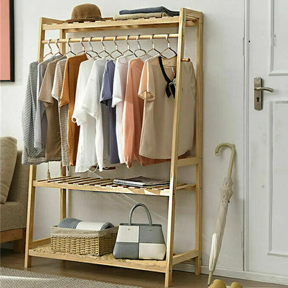 Kledingrek - Kledinghangers - Kledingrek Hout - 2-laags- Bamboe - Moderne Stijl - Opbergrek voor Schoenen & Kleding - Gewichtscapaciteit 100kg/ 220lbs - 80x43.5x165cm/ 31.5x17.1x65inch - Natuurlijke Houten Kleur - QUORE