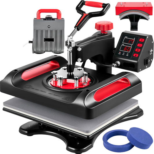 5in1 Warmtepers – Transferpers – T-Shirt Pers – Mokkenpers – Pettenpers – Gelijkmatige Warmteverdeling – 360° Swing-Away Design - 12x15inch - Rood