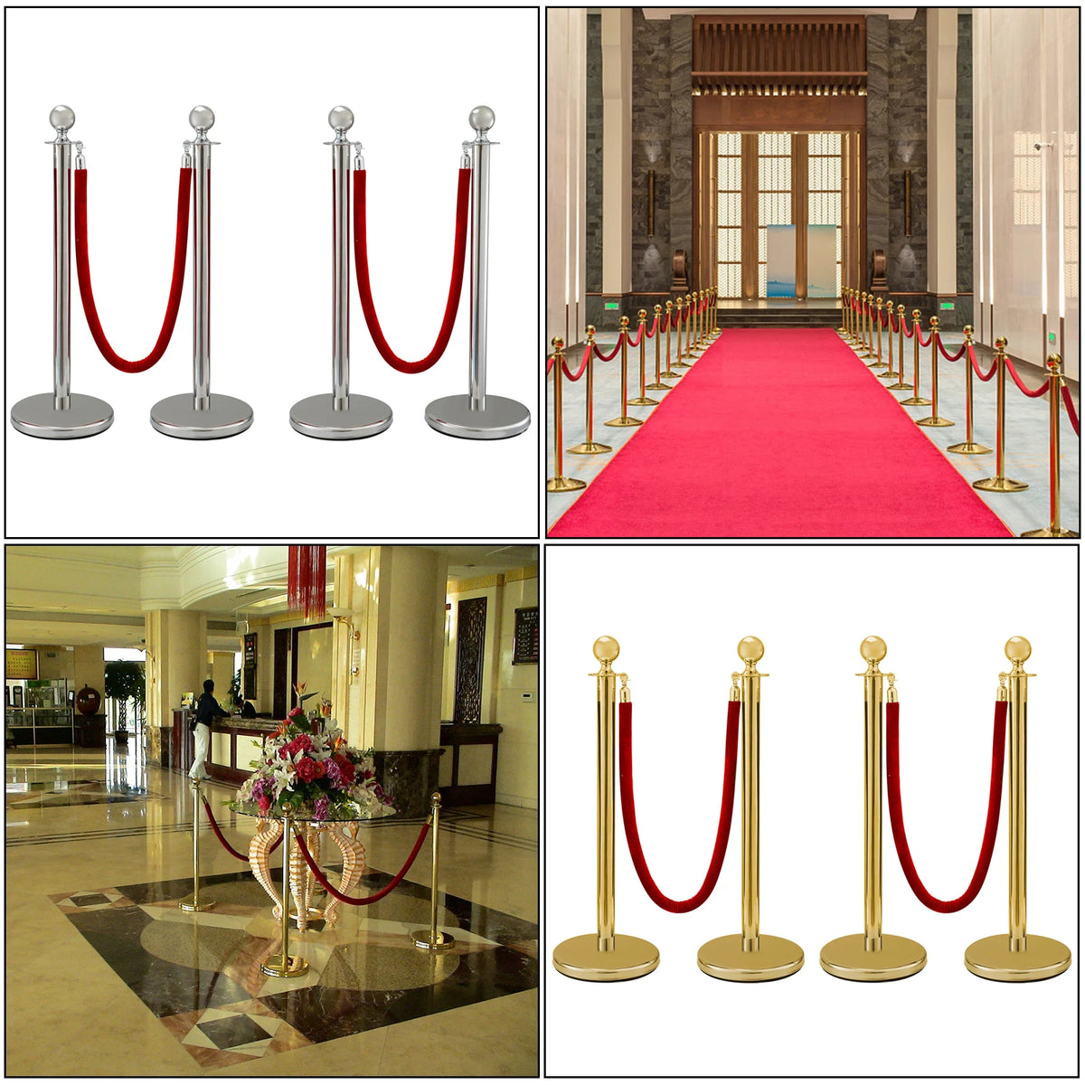 Vevor - Crowd Control Stanchion Barrières - Voor Menigtecontrole Rvs bolders - Staanders fluwelen touwen rood 1,5 m - Goud 4 stuks - QUORE