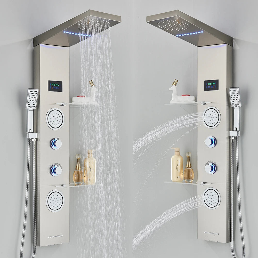 Douche - Regendouche - Douchewand - Douchekolom - Douchepanelen - Brushed Nickel LED Douchepaneel – Waterval Regendouche met LCD Display & Massage Jets - Zilver