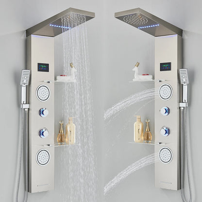 Douche - Regendouche - Douchewand - Douchekolom - Douchepanelen - Brushed Nickel LED Douchepaneel – Waterval Regendouche met LCD Display & Massage Jets - Zilver