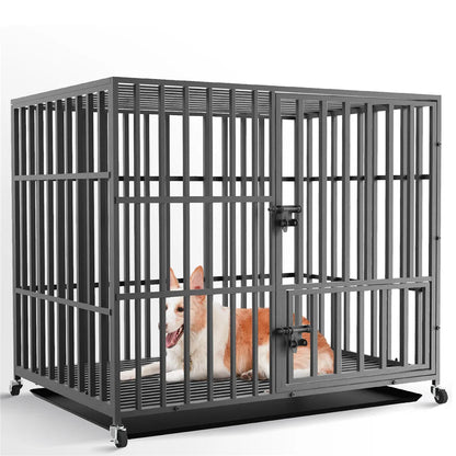Hondenbench - Hondenkooi - Hondenkrat - Kennelbox - met Wielen - Afneembare Lade - Zwaare - Stevig - 3 Deuren Sloten - Gewichtscapaciteit 100 kg - Metaal - L - 95 x 57 x 81 cm - Zwart - QUORE