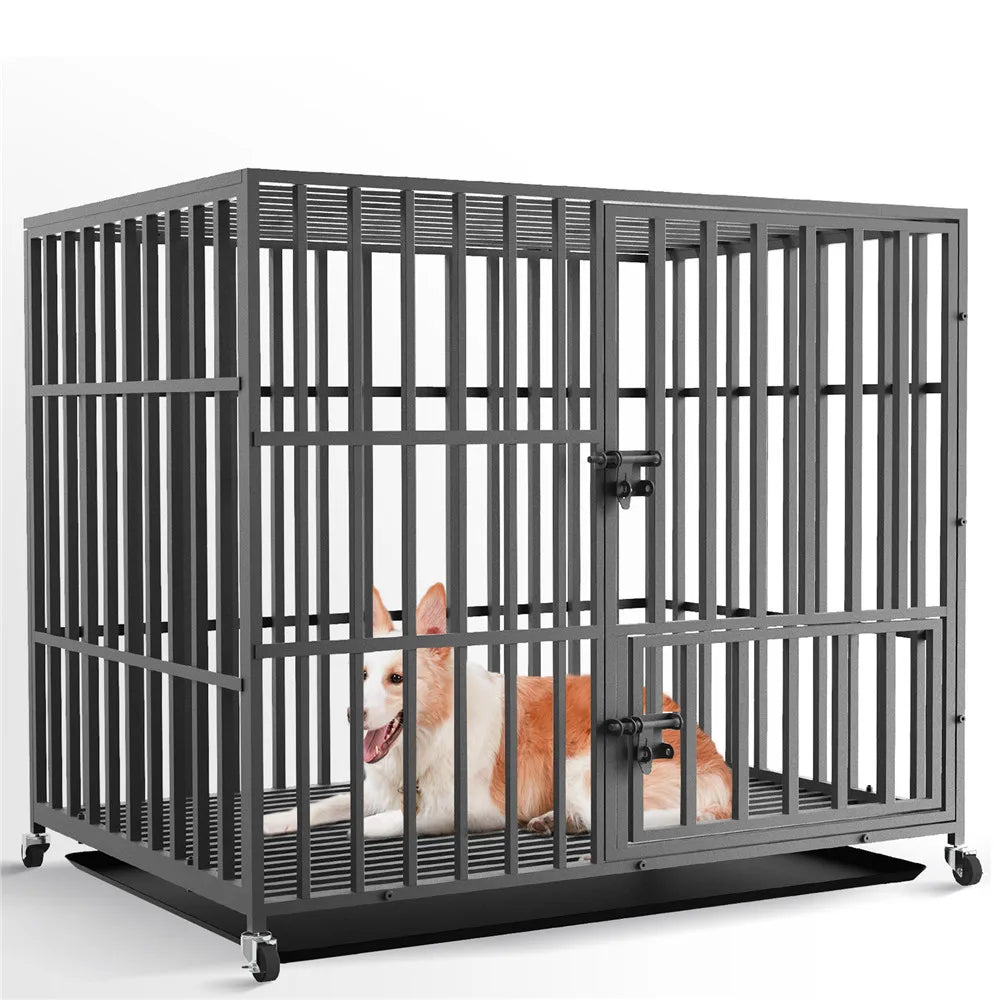 Hondenbench - Hondenkooi - Hondenkrat - Kennelbox - met Wielen - Afneembare Lade - Zwaare - Stevig - 3 Deuren Sloten - Gewichtscapaciteit 100 kg - Metaal - XXL - 117 x 84 x 96.5 cm - Zwart - QUORE
