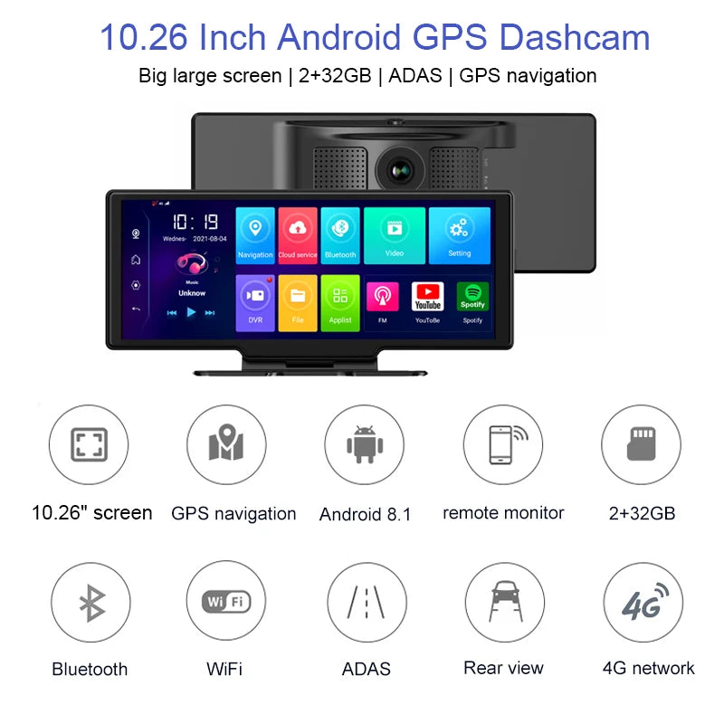 NEW 10.26 Inch Touch Screen 4G Dashcam Dual Camera ADAS GPS Navigation Android 8.1 Video Recorder Car Registrar Remote Monitor