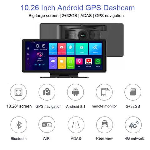 Dashcam voor Auto - 10.26” Dashcam ADAS GPS Navigatie - Android 8.1 - Remote Monitor & Rijassistentie - 2G With 10m RCC - Zwart