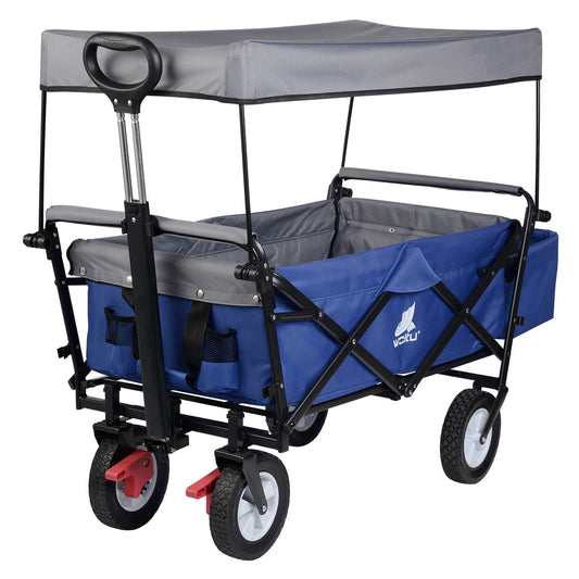 Tuinkar – Opvouwbare - met Dak - Wagen - Strand - Bolder - Boodschappen - Transport - Remwielen - Stalen Frame –Zonbescherming - Heavy-duty - Draagbare Trolley - Draagvermogen 80kg - Blauw