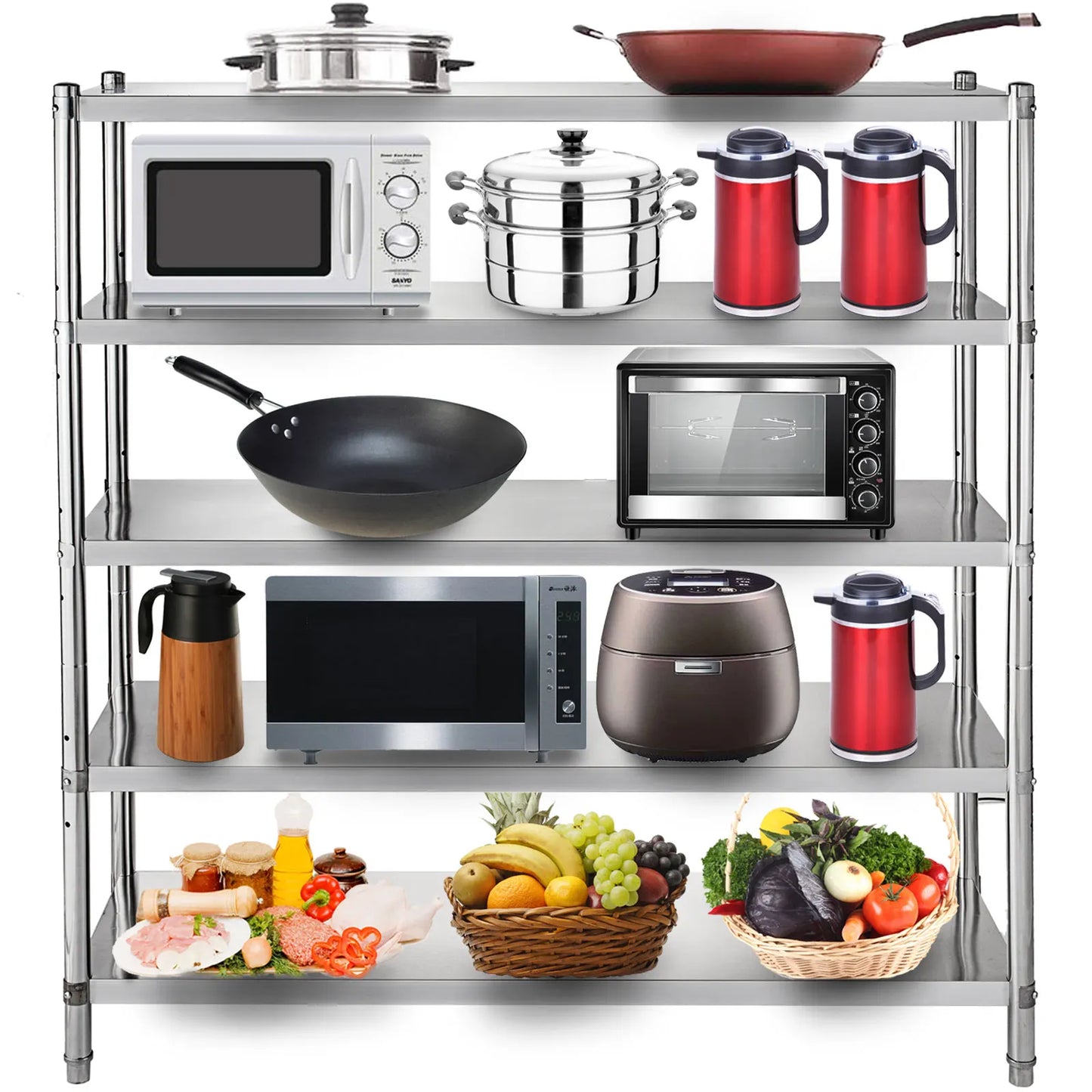 SucceBuy 4-Tier Stainless Steel Commercial Storage Rack Shelf for Kitchen Warehouse Garage Storing Kitchenware