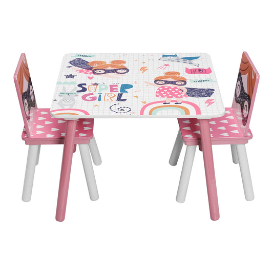 Kindertafel - Kindermeubilair - Kindertafel en Stoelen Set – Houten Speeltafel met 2 Stoelen - Sterk en Duurzaam - Perfect voor Tekenen - Spelen - Eten – Kindermeubilair - voor Slaapkamer - Speelkamer - 60x60x44 cm - Roze - QUORE