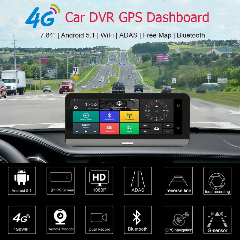 Dashcam voor Auto - 7.84" 4G Android Dashcam – GPS Navigatie, 1080P Full HD, Achteruitrijcamera, Dual Lens, ADAS Rijhulp, WiFi, Bluetooth, Parkeermodus, Loop Recording - Zwart