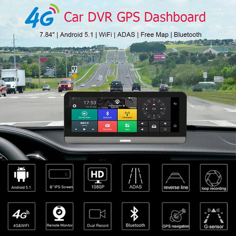 Dashcam voor Auto - 7.84" 4G Android Dashcam – GPS Navigatie, 1080P Full HD, Achteruitrijcamera, Dual Lens, ADAS Rijhulp, WiFi, Bluetooth, Parkeermodus, Loop Recording - Zwart