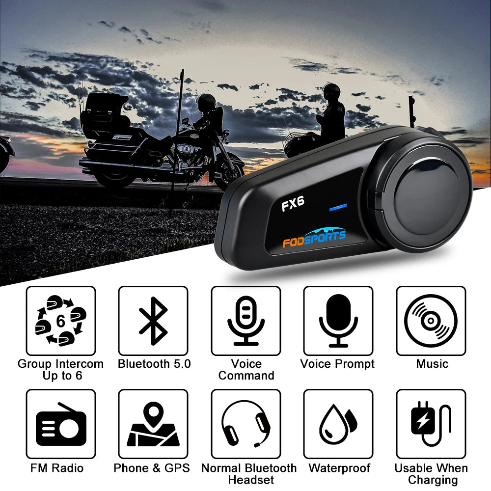Motorfietsintercom - Helmintercom - MotorfietshelmHeadset - Bluetooth Helmintercom - Helm - Motorfietsaccessoires - 2PCs - 6 Rider - 1000M - Groep BT Interphone FM Radio - QUORE
