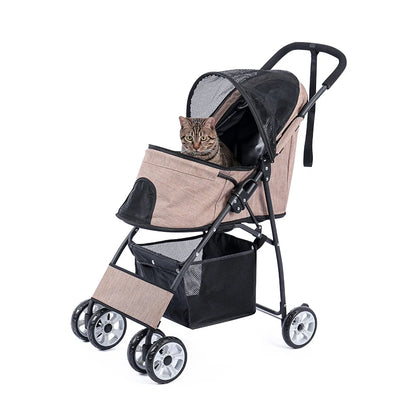 Hondenbuggy -  Wagen - Huisdieren - Vouwbare - met Grote Opbergruimte - Lichtgewicht - 360° Slijtvrije Rubberwielen - Gaasvensters - Voor Kleine Honden en Katten - Buitenwandelen - Tot 40 kg - Beige