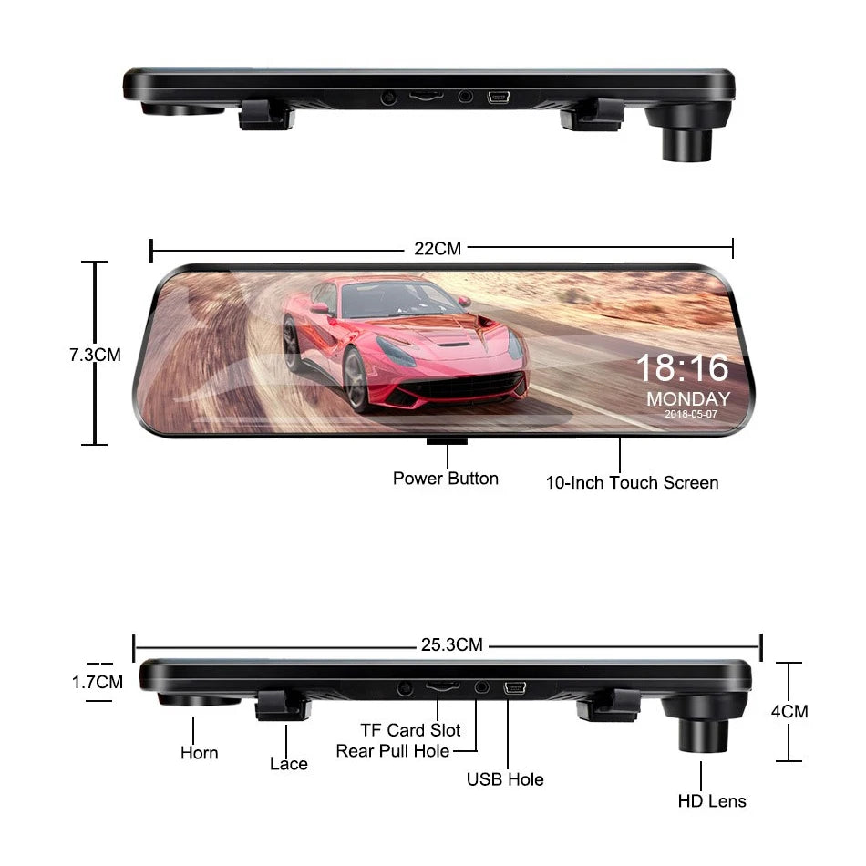 Dashcam voor Auto - 10 Inch Touchscreen Spiegelcamera - 1080P AHD Dashcam met Nachtzicht - G-Sensor - Parkeermodus - Groothoek 170° - Inclusief 6M RCC Achteruitrijcamera - Zwart