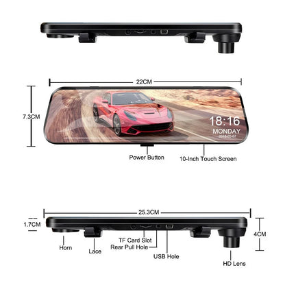 Dashcam voor Auto - 10 Inch Touchscreen Spiegelcamera - 1080P AHD Dashcam met Nachtzicht - G-Sensor - Parkeermodus - Groothoek 170° - Zwart