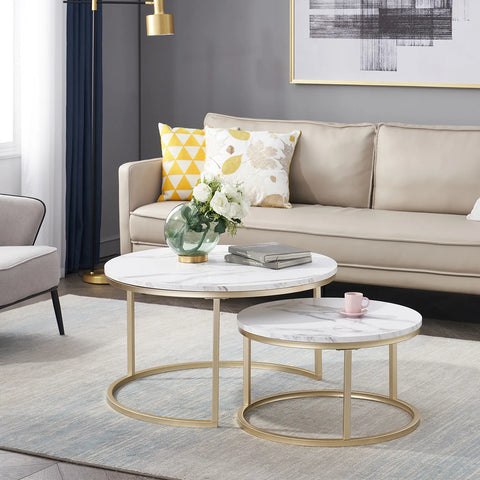 Table - Coffee Table - 2pcs - Marble Texture Round Coffee Table - Modern Minimalist - Solid Wood Lid - Gold Steel Frame - 60 x 60 x 45cm (Large) - 40 x 40 x 35cm (Small) - White
