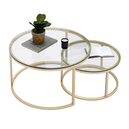 2-in-1 Round Coffee Table Set – Industrial Side Table – Steel &amp; Glass – Nesting Tables – 80 cm &amp; 60 cm – Living Room &amp; Apartment