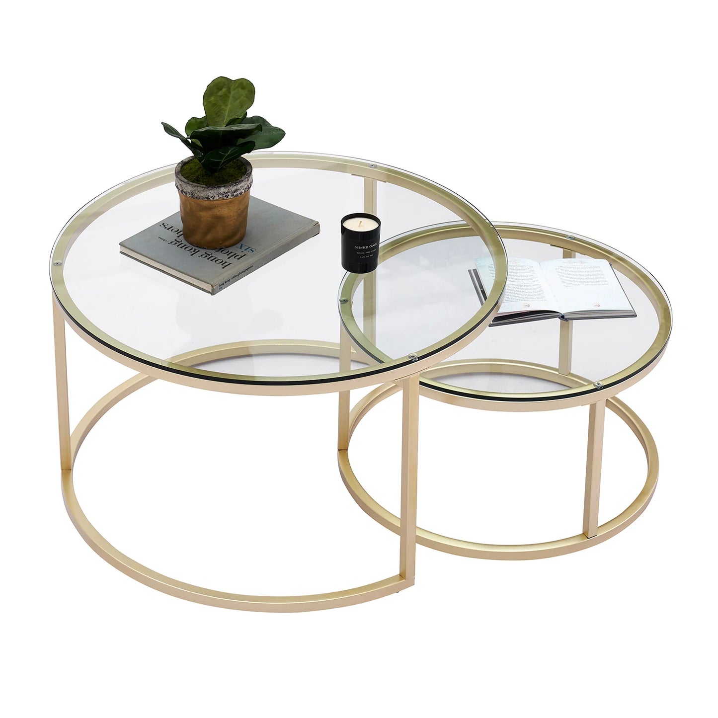 Set van 2 Ronde Bijzettafels – Luxe Ronde Salontafels – Bijzettafels van Metaal met Gehard Glas – Stijlvolle Koffietafels – Goudkleurig Frame – Moderne Tafels – 60 cm & 40 cm Diameter