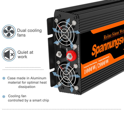 Omvormer – Stroomomvormer – Inverter – DC/AC Converter – 12V - 1000W Continu Vermogen – Pure Sinusgolf Output - QUORE