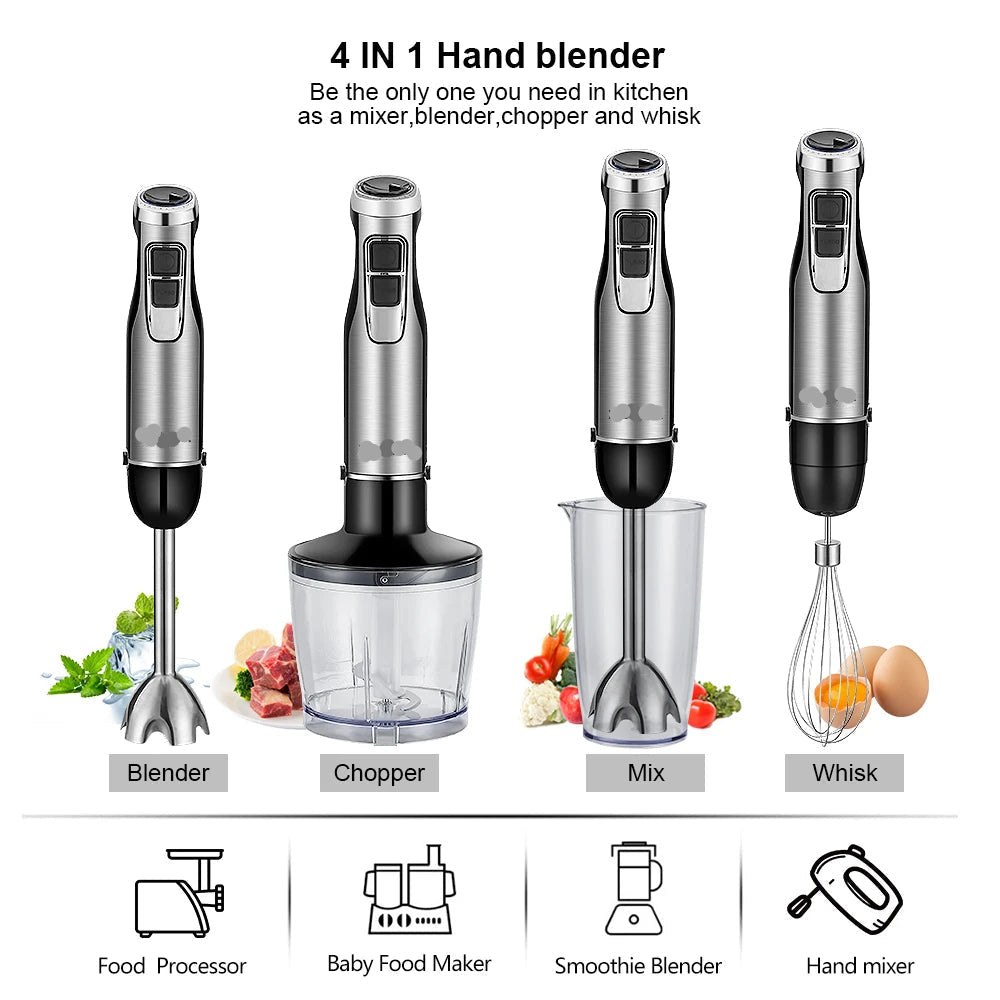 Hand blender - Blenders - Food processor - Chopper - 4-in-1 - High power -1200W - Smoothie - Chopper - Whisk - Stainless steel blades - Ice - Sauces - 6 speeds