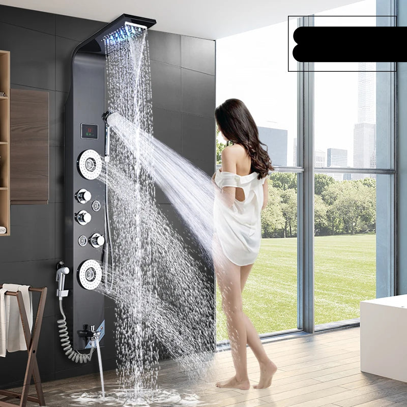 Douche - Regendouche - Douchewand - Douchekolom - Douchepanelen - Matte LED Douchepaneel met Waterval, Regendouche en Massagejets - Zwart