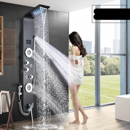 Douche - Regendouche - Douchewand - Douchekolom - Douchepanelen - Matte LED Douchepaneel met Waterval, Regendouche en Massagejets - Zwart