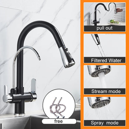 Keukenkraan - met Uittrekbare Uitloop - Twee Handgrepen - voor Koud -Vuistdouche - Warm Water - Drinkwater - Zwart en Chroom