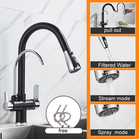 Keukenkraan - met Uittrekbare Uitloop - Twee Handgrepen - voor Koud -Vuistdouche - Warm Water - Drinkwater - Zwart en Chroom