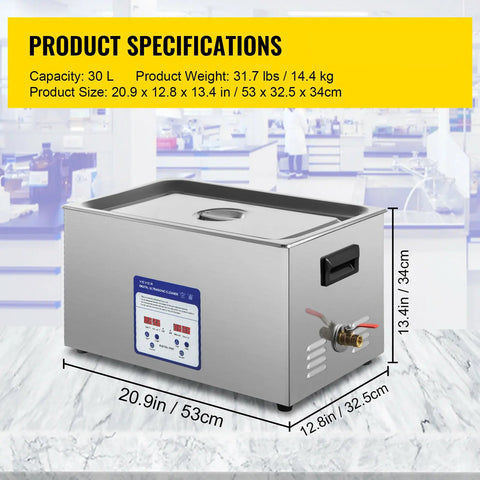 Vevor - Ultrasonic cleaner - Portable - Frequency 40kHz - 220V - Cleaning device for jewelry and glasses - 316 stainless steel - Capacity 30L - Silver