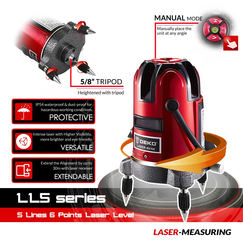 Laser Level - Zelfnivellerend - Horizontaal en verticaal - 360 graden aanpassing - Hogere zichtbaarheid - 5 lijnen - Golflengte 635 nm - IP54 - Rood - QUORE