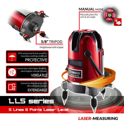 Laser Level - Zelfnivellerend - Horizontaal en verticaal - 360 graden aanpassing - Hogere zichtbaarheid - 5 lijnen - Golflengte 635 nm - IP54 - Rood - QUORE