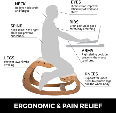 Rocking Chair Adults - Rocking Chairs - Ergonomic Rocking Chair - Kneeling Chair - Ergonomic Kneeling Chair - Office Chair - Correct Posture - with Thick Cushion - White Oak Frame