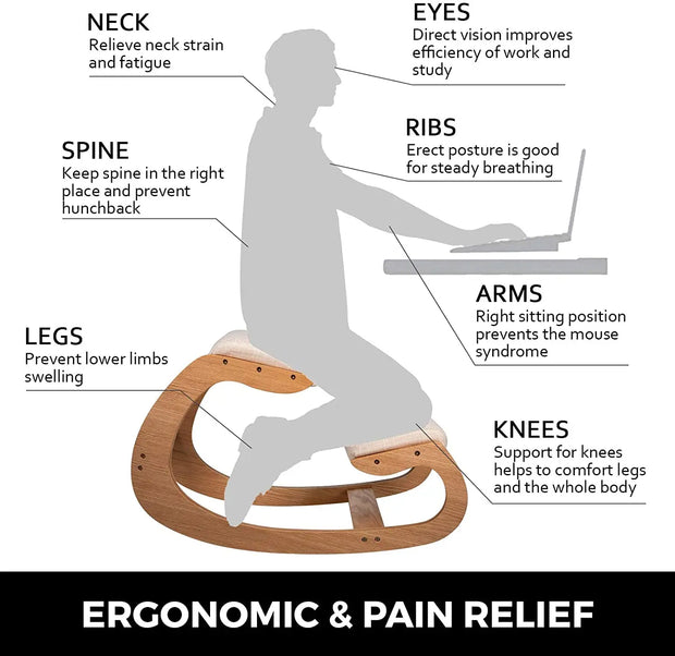 Rocking Chair Adults - Rocking Chairs - Ergonomic Rocking Chair - Kneeling Chair - Ergonomic Kneeling Chair - Office Chair - Correct Posture - with Thick Cushion - White Oak Frame