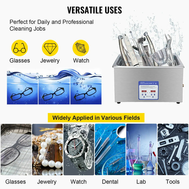 Vevor - Ultrasonic cleaner - Portable - Frequency 40kHz - 220V - Cleaning device for jewelry and glasses - 316 stainless steel - Capacity 3L - Silver