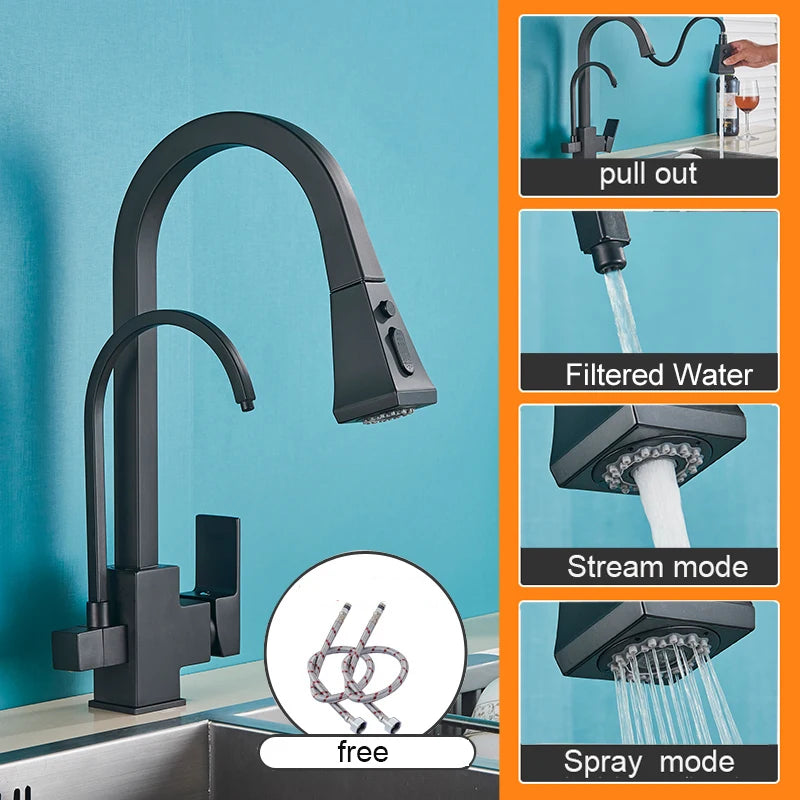 Keukenkraan - met Uittrekbare Uitloop - Twee Handgrepen - voor Koud -Vuistdouche - Warm Water - Drinkwater - Matte Black - QUORE