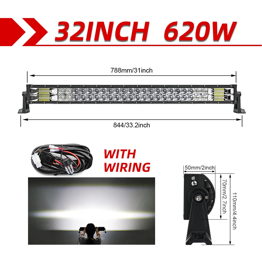 Lichtbalk voor Auto & Vrachtwagens - Krachtige LED Verlichting - Eenvoudige Installatie - 32 Recht met Draad - 70000LM/620W