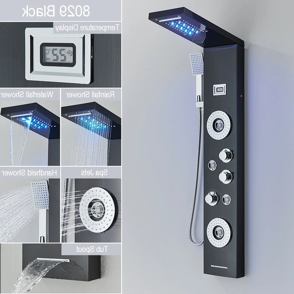 Douche - Regendouche - Douchewand - Douchekolom - Douchepanelen - LED Douchezuil - Waterval & Regendouche - Massagejets - Temperatuurdisplay - Zwart - QUORE