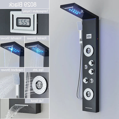 Douche - Regendouche - Douchewand - Douchekolom - Douchepanelen - LED Douchezuil - Waterval & Regendouche - Massagejets - Temperatuurdisplay - Zwart - QUORE