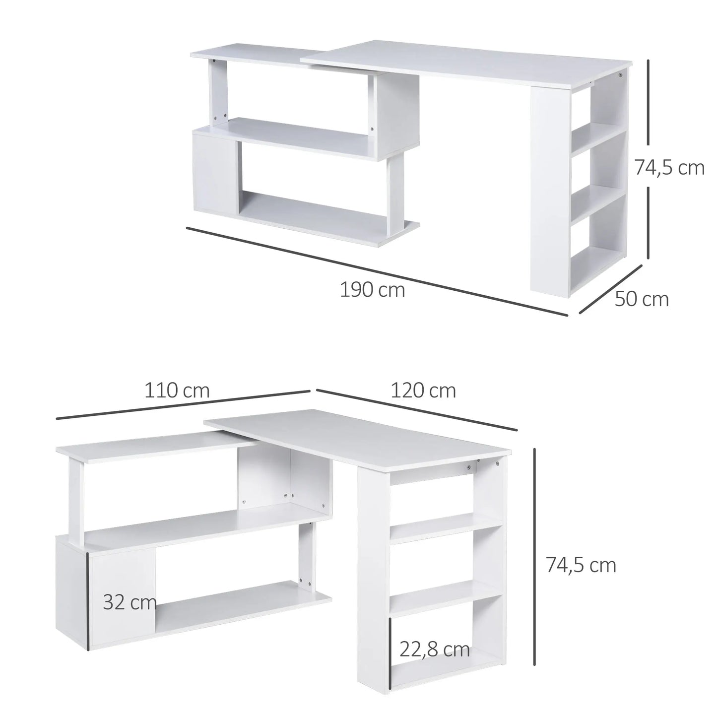Computertafel – Bureau – Computerbureau – Bureautafel – Hoekbureau – 360° Draaibaar Design – MDF Melamine Coating - Wit