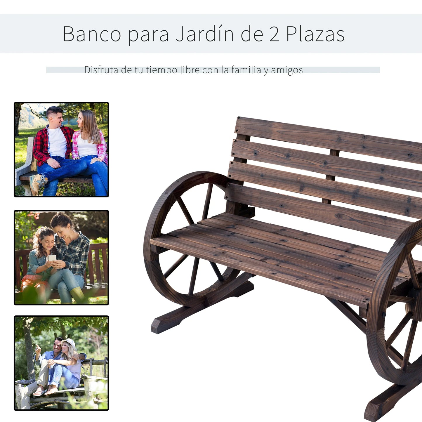 Tuin Bank - Tuinbank Hout - Tuinbanken - Garden Furniture - Rustieke Houten Tuinbank met Wagenwiel-Armleuningen - 2-Zits Bank van Vurenhout - QUORE