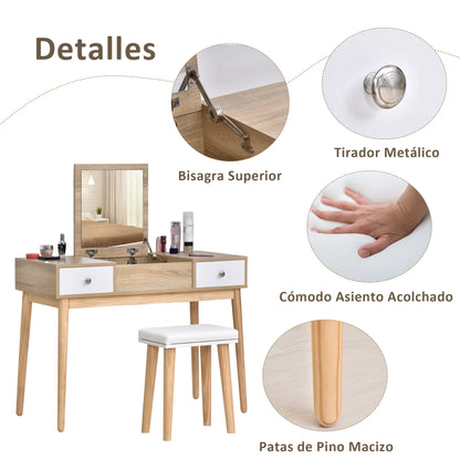 Kaptafel – Make-Up Tafel – Schminktisch – Slaapkamermeubel – Opbergruimte – 2 Lades – Zachte Kruk - 100 x 45 x 118 cm - QUORE
