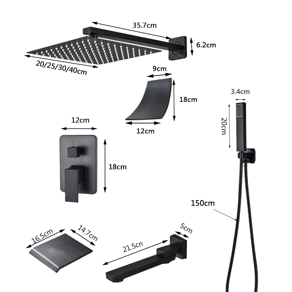 Douchekraan - Douchepaneel - Douche - Regendouches - Inbouw Douchekraan Systeem – 2-Weg Regendouche Set met 12 inch Douchekop & Thermostatische Mengkraan | Wandgemonteerd SUS304 - Zwart