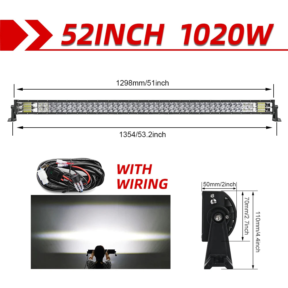 Lichtbalk voor Auto & Vrachtwagens - Krachtige LED Verlichting - Eenvoudige Installatie - 52 Recht met Draad - 110000LM/1020W