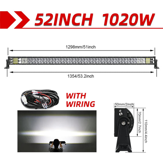 Lichtbalk voor Auto & Vrachtwagens - Krachtige LED Verlichting - Eenvoudige Installatie - 52 Recht met Draad - 110000LM/1020W