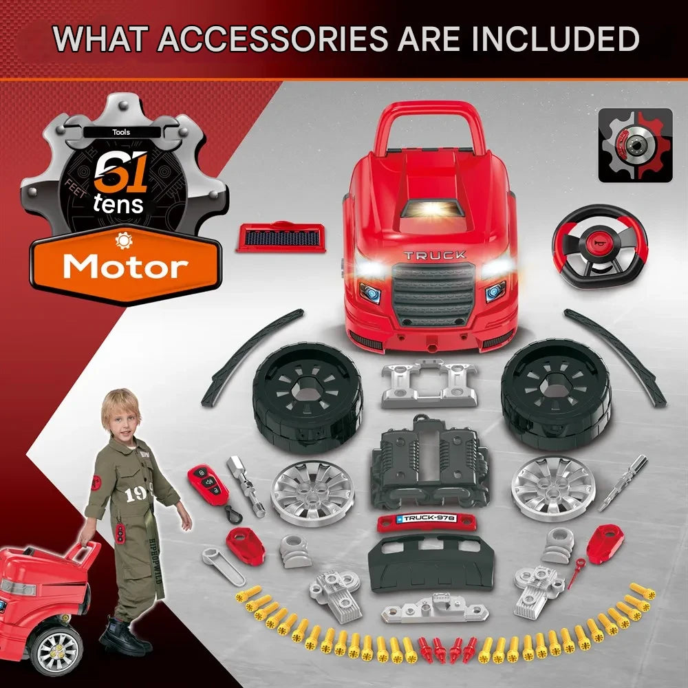 Autoschroeven - Speelgoedset - Educatief Speelgoed - 61 Stuks - voor Kinderen - met Boormachine - Grote Tractor om te Schroeven - Licht - Geluid - Motorblok Reparatiefuncties - Rood