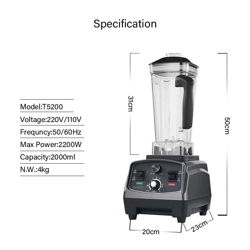 Blender - Smoothie Maker - Blender Smoothie - Foodprocessor - 2200W - 2L - BPA-vrije - Zes Mesbladen - Ice Crusher - met Extra 3 Delen