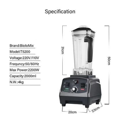 Blender - Smoothie Maker - Blender Smoothie - Foodprocessor - 2200W - 2L - BPA-vrije - Zes Mesbladen - Ice Crusher - Extra 500 ml DJ N 3PA