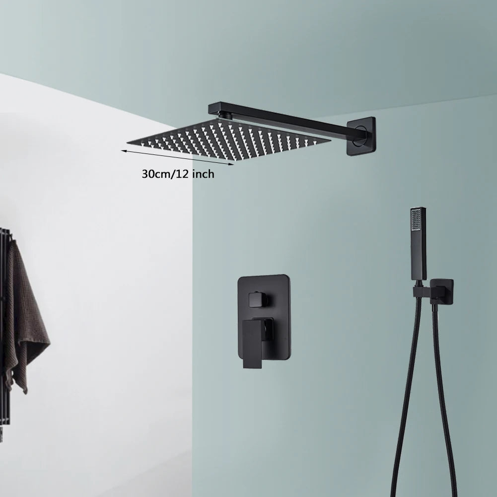Douchekraan - Douchepaneel - Douche - Regendouches - Inbouw Douchekraan Systeem – 2-Weg Regendouche Set met 12 inch Douchekop & Thermostatische Mengkraan | Wandgemonteerd SUS304 - Zwart